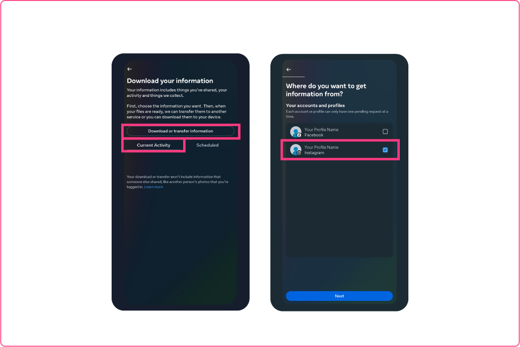 An image describing a step in the CEL Solicitors help centre guide, How to download and export Instagram messages to your phone